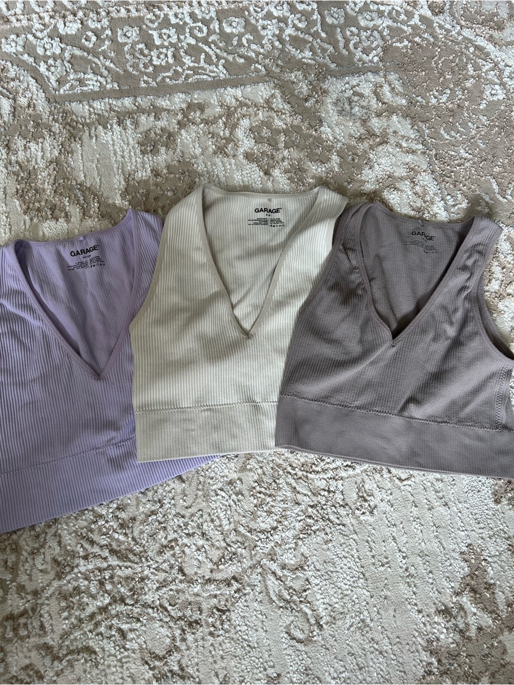 Garage Ribbed V-Neck Crop Tank Trio — Lavender, Cream, Taupe